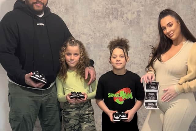 Charlotte Boon and her partner, Tyrone Sobers, with their twins Lavae and Lovelle and the triplets scan.  Credit: SWNS