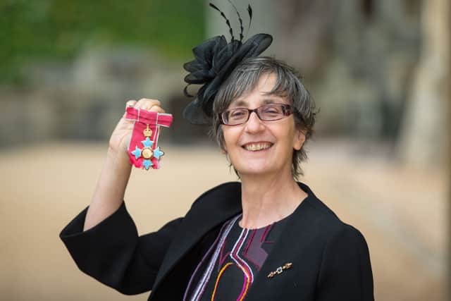 Helen Pankhurst with her CBE medal (Photo by Dominic Lipinski - WPA Pool/Getty Images)