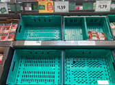 Empty tomato shelves at Morrisons in Birmingham.20/02/2023   See SWNS story SWBNtomatoes - Suppliers are blaming poor weather conditions in Spain for empty shevles which seem to be prevalent across the country.