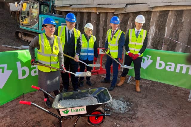Cabinet Office Minister Jeremy Quin, second left, breaks ground at the new government hub for civil servants at First Street in Manchester