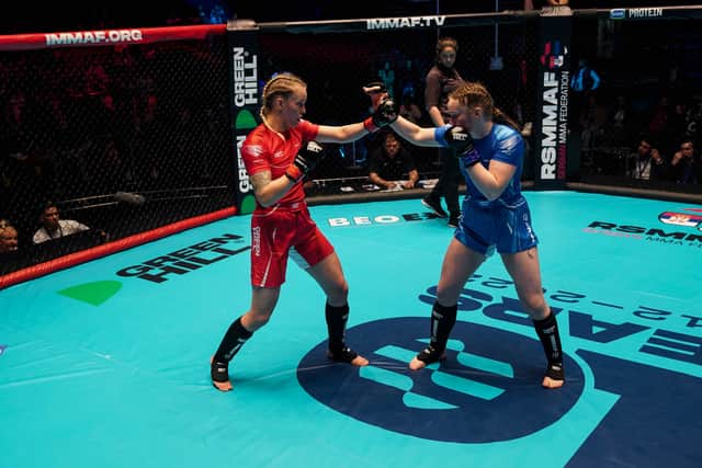 Izzy McGaughey (in blue) competing in the final against Iris Nihti from Finland. Photo: IMMAF