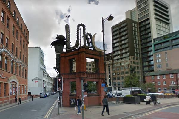 The Tib Street Horn, the symbolic gateway to the Northern Quarter,  was taken down in 2017. It featured remnants of an old hat factory. Credit: Google Maps