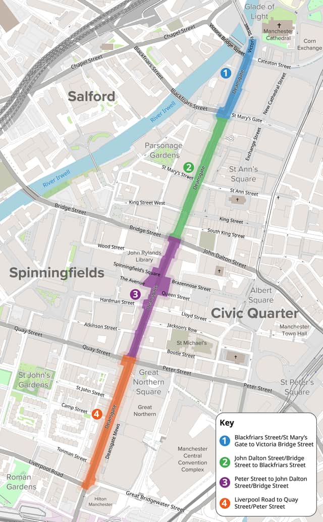 The four sections of Deansgate being consulted on Credit: MCC