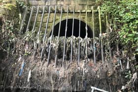A combined sewer overflow discharging into the River Tame in Greater Manchester with its grill full of wet wipes and sanitary products . Photo: Jamie Woodward