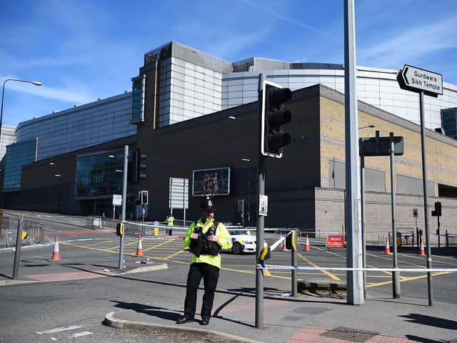 Police on duty outside the Manchester Arena following the terrorist attack there. Photo: Getty Images