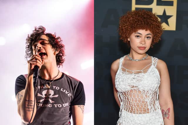 Matty Healey (L) publicly mocked Ice Spice (R), after she admitted to being a fan of The 1975. (Credit Getty Images) 