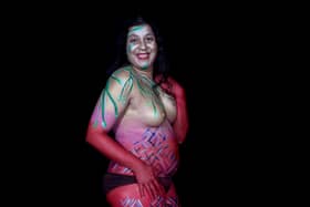 Lakshmi Hariprasad using body paint to raise awareness of endometriosis. Photo: Eveline Ludlow 