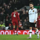 Bruno Fernandes was quick to blame others on Sunday as Manchester United lost 7-0 to Liverpool. Credit: Getty.