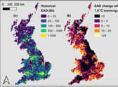 Maps show historical expected annual flood damage (EAD) in GBP billion at 2020 values, and calculated EAD percentage increase with 1.8 degrees global warming. (Credit: University of Bristol and Fathom)