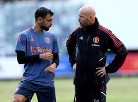 Erik ten Hag gave his support to Bruno Fernandes on Wednesday after the Liverpool loss. Credit: Getty.