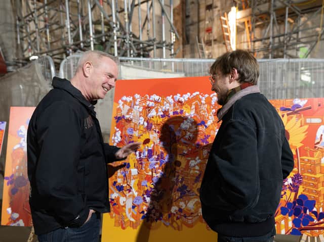 Norman Cook talking to Alex Sylt about the winning design in the Printworks public art search. Photo: Edward Jones