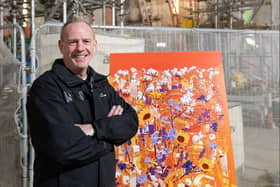 Norman Cook aka Fatboy Slim with the winning design for the new public artwork at Printworks in Manchester. Photo: Edward Jones
