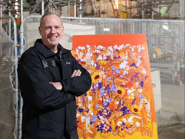 Norman Cook aka Fatboy Slim with the winning design for the new public artwork at Printworks in Manchester. Photo: Edward Jones