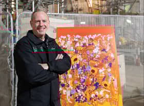 Norman Cook aka Fatboy Slim with the winning design for the new public artwork at Printworks in Manchester. Photo: Edward Jones