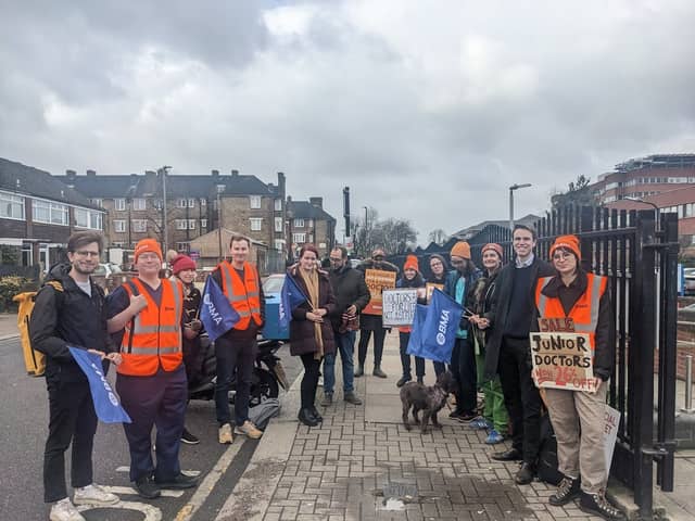 Junior doctors forming a picket line outside St George’s hospital on Monday (March 13) in London. Photo by Lynn Rusk 