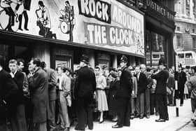 Fans queue outside the Gaiety Cinema to see ‘Rock Around the Clock,’ starring American rock and roll band Bill Haley and His Comets in 1956. The theatre was demolished in 1959 but there is now a blue plaque marking where it once stood on the corner of Peter Street and Mount Street.  (Photo by Express Newspapers/Getty Images)