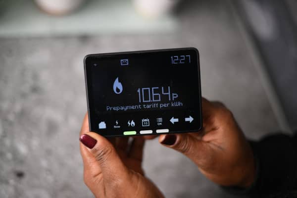 Samantha Pierre-Joseph shows her smart meter indicating that she is on a ‘Prepayment tariff’ in her house in London.