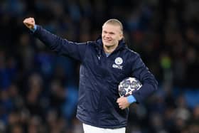 Erling Haaland celebrated Manchester City’s win over RB Leipzig. Credit: Getty.