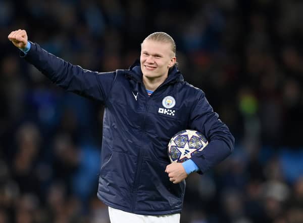 Erling Haaland celebrated Manchester City’s win over RB Leipzig. Credit: Getty.