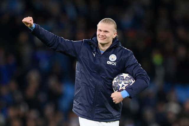 Erling Haaland celebrated Manchester City’s win over RB Leipzig. Credit: Getty.