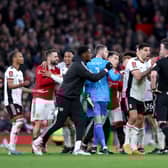 Fulham were shown three red cards in 40 seconds against Manchester United. Credit: Getty.