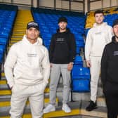 Cerebral Clothing founders Dan Lloyd and Charley Rich (centre) flanked by Warrington Wolves rugby league players and brand supporters Pete Mata’utia and Stefan Ratchford