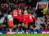 Katie Zelem celebrates her opener in front of the Old Trafford crowd. 