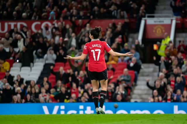 Lucia Garcia celebrates her first of two goals in front of the Old Trafford crowd.
