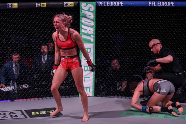 Dakota Ditcheva’s reaction after defeating Malin Hermansson in the flyweight division of PFL Europe. Photo: PFL Europe