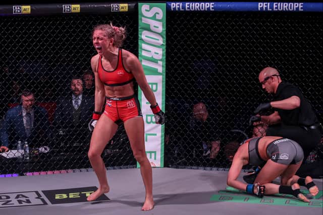 Dakota Ditcheva’s reaction after defeating Malin Hermansson in the flyweight division of PFL Europe. Photo: PFL Europe