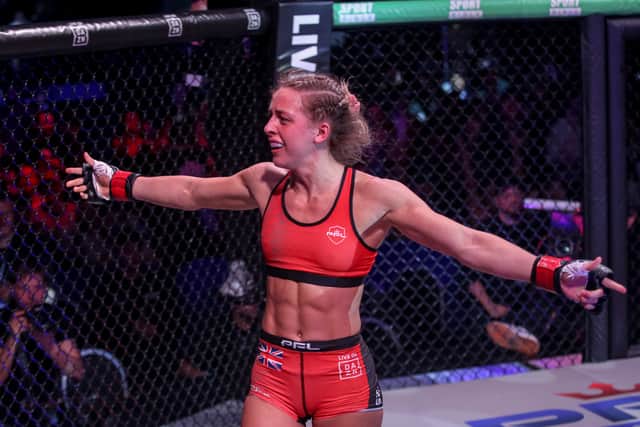 Dakota Ditcheva takes the acclaim of the fans after beating Malin Hermansson in PFL Europe. Photo: PFL Europe