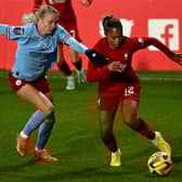 Esme Morgan battles for possession. Photo by Nick Taylor/Liverpool FC/Liverpool FC via Getty Images)