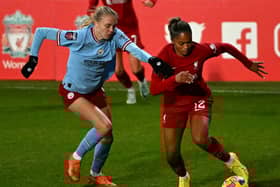 Esme Morgan battles for possession. Photo by Nick Taylor/Liverpool FC/Liverpool FC via Getty Images)