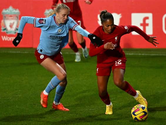 Esme Morgan battles for possession. Photo by Nick Taylor/Liverpool FC/Liverpool FC via Getty Images)
