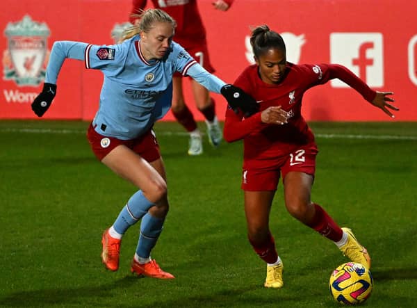 Esme Morgan battles for possession. Photo by Nick Taylor/Liverpool FC/Liverpool FC via Getty Images)