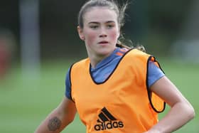 Grace Clinton is training for Manchester United.  (Photo by John Peters/Manchester United via Getty Images)