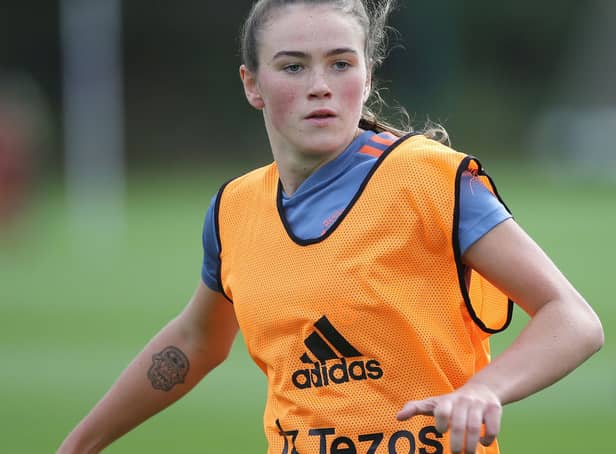 Grace Clinton is training for Manchester United.  (Photo by John Peters/Manchester United via Getty Images)