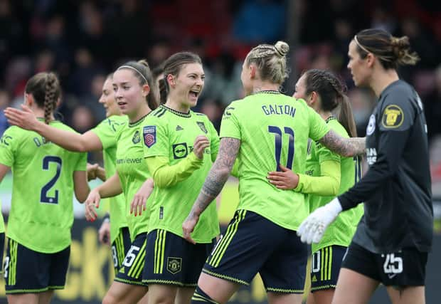 Man Utd celebrate Leah Galton’s first half opener.