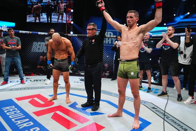 Brendan Loughnane made a winning start to the defence of his PFL featherweight title against Marlon Moraes. Photo: PFL