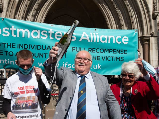 Tom Hedges celebrates outside court after his battle to clear his name as part of the Post Office scandal