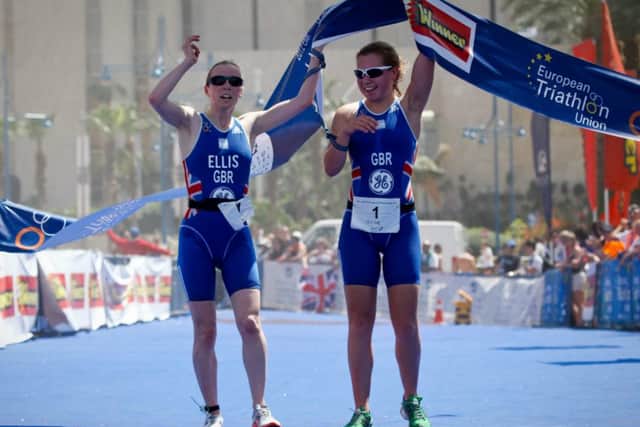 Charlotte Ellis with her guide at the 2012 European championships for para triathlon