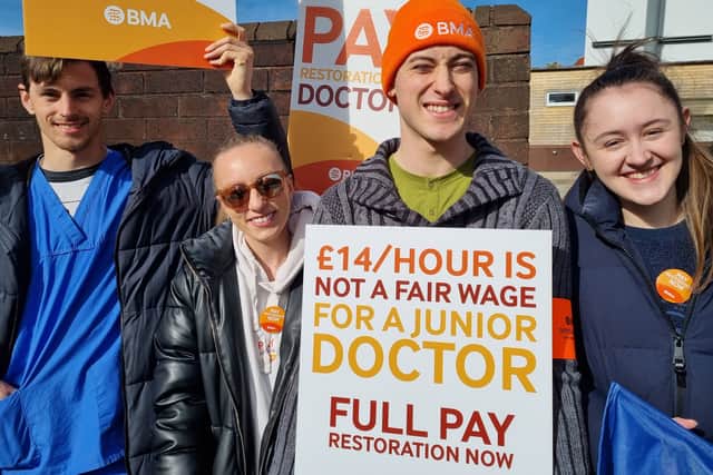 Junior doctors including BMA rep Adam Hinchcliffe (third from left) on the picket line outside Wigan Infirmary. Photo: Andrew Nowell/NationalWorld