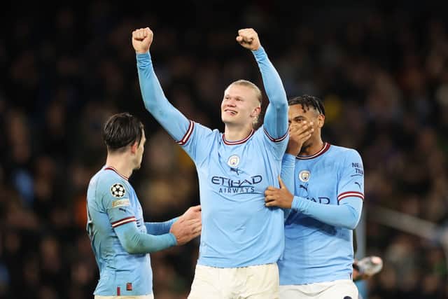 Erling Haaland celebrates scoring his 45th goal of 2022/23