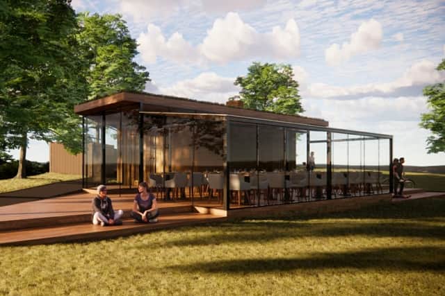 How the former public toilets in King George V Playing Fields in Uppermill would look after being developed into a cafe. Photo: Creative Architecture/Grandpa Greene\'s