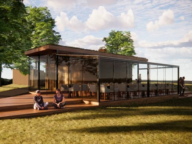 How the former public toilets in King George V Playing Fields in Uppermill would look after being developed into a cafe. Photo: Creative Architecture/Grandpa Greene\'s