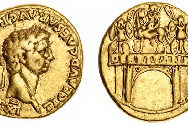 The gold aureus celebrating the conquest in AD 43 was uncovered among the ruins of a suburb five kilometres north of the archaeological site in southern Italy’s Campania region.