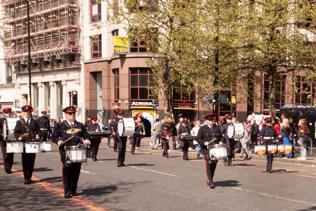 A band taking part in last year’s St George’s Day parade in Manchester city centre. Photo: Tony Gribben