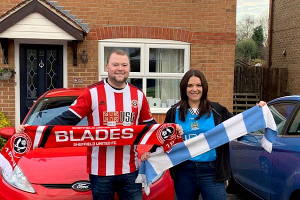 Caroline Oatway, 32, is a Manchester City fan but hubby Shaun Littler supports Sheffield Utd Credit: Courtesy of Caroline Oatway / SWNS