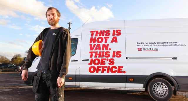 Tradesman Joe Shadbolt unveils his van-turned-office as part of Direct Line’s campaign to raise awareness of the fact that tool theft from a vehicle receives on average half the custodial sentence as theft from an office.