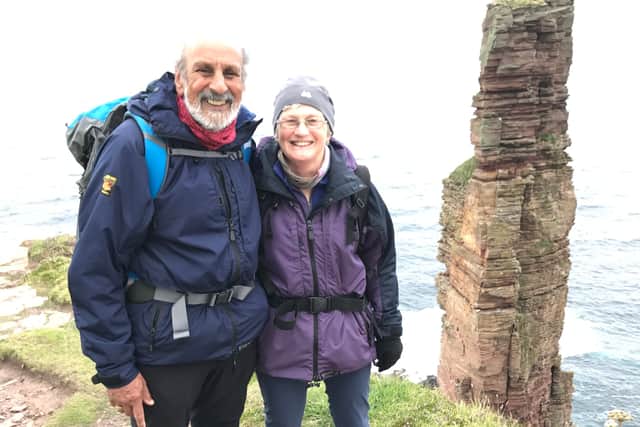 Jeff and Teresa Seneviratne by the Old Man of Hoy in Orkney in 2017. Credit: Jeff Seneviratne